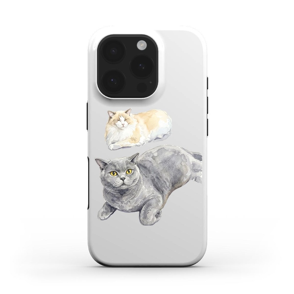 うちの子スマホケースの作例(水彩スタイルの猫2匹・グレー背景)