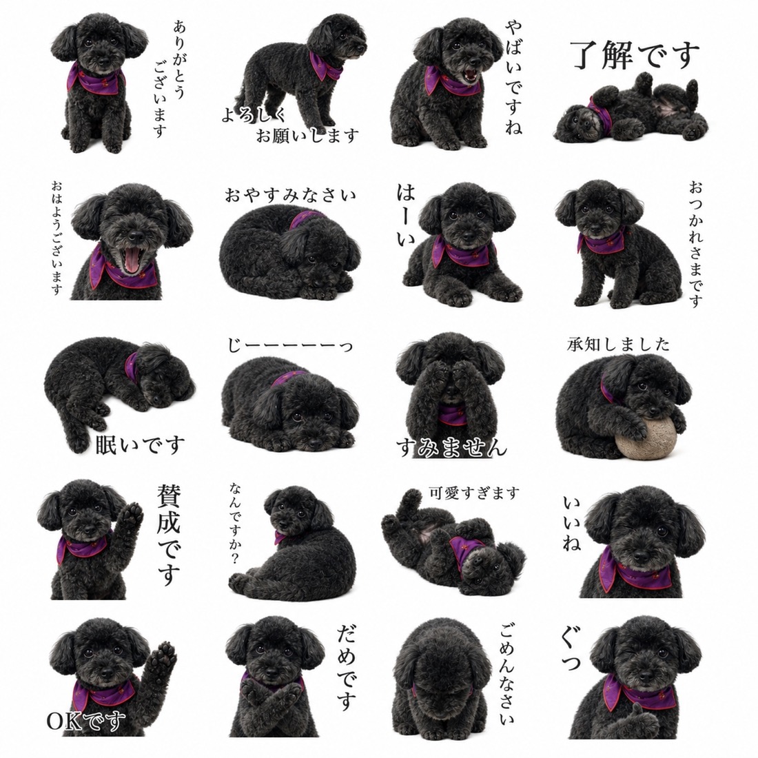 うちの子LINEスタンプの作例(20種類のポーズシート)